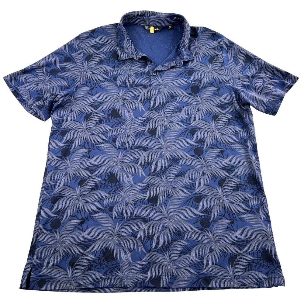 TravisMathew Palm Leaf Print Golf Polo Shirt 2XL Blue Men Tropical Pima Cotton